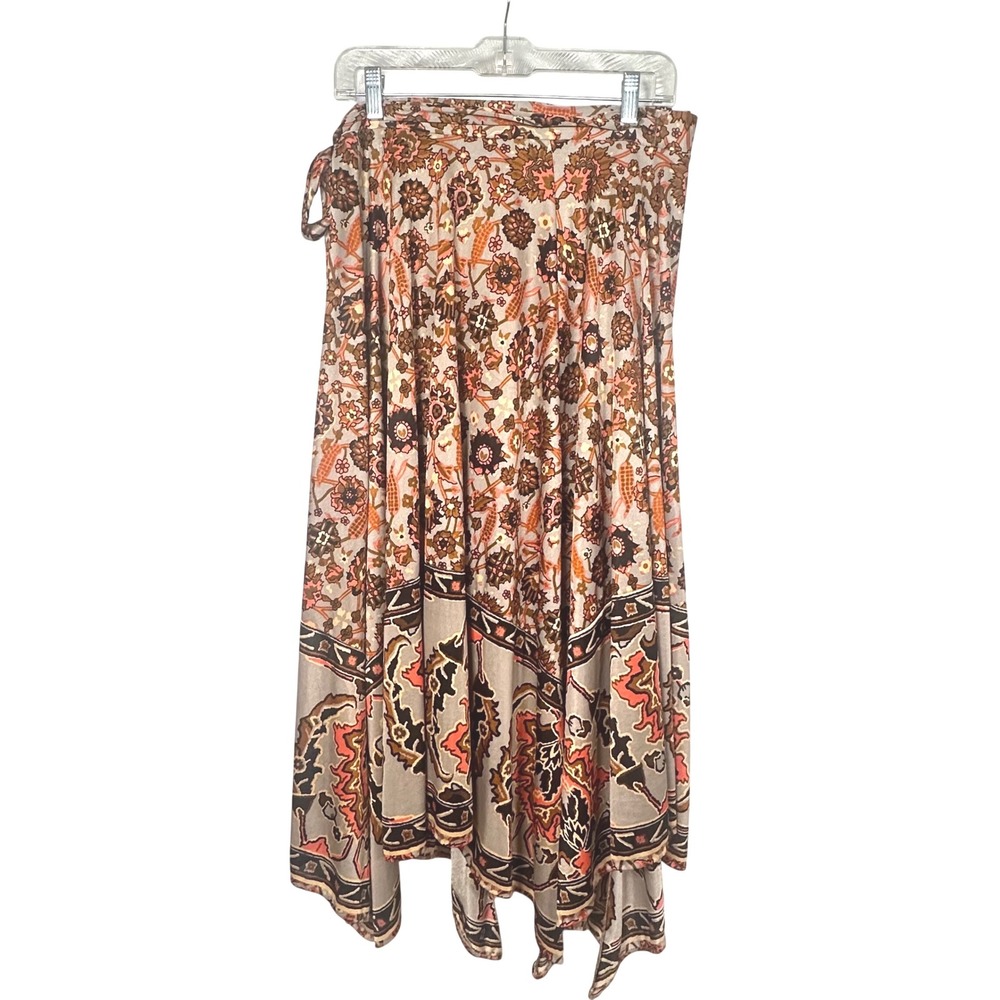 Vintage Sirena Floral Paisley Wrap Skirt Brown Orange Boho Midi 70s Style‎ Large